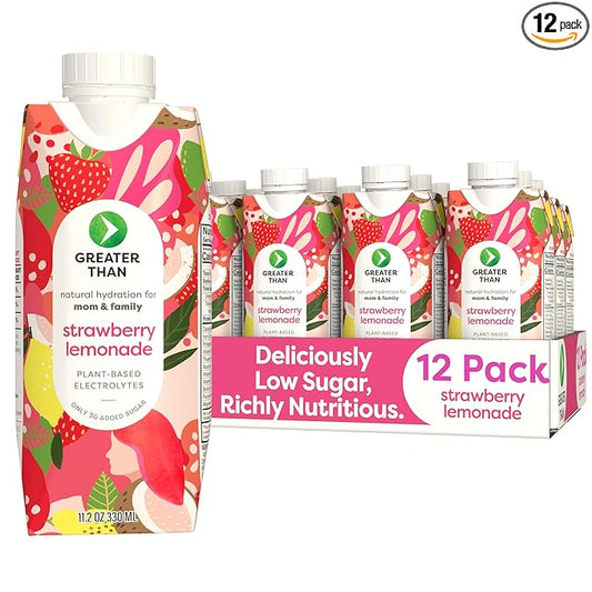 Greater Than Lactation Supplement Support, Coconut Water, Vitamins & Electrolyte Drink for Breastfeeding & Immune Support, Lactation Cookies Alt, Gluten Free, Low Sugar, 12 Pack, Strawberry Lemonade