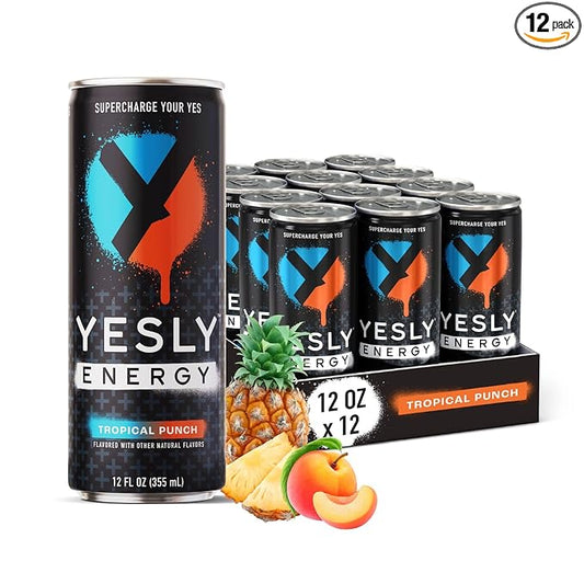 Yesly Energy Drink, Tropical Punch, Naturally Flavored Sparkling Energy Water With Electrolytes, Magnesium, Potassium, Vitamin C, B6 & B12, Natural Caffeine From Green Tea, 12 Fl Oz Cans, 12 Pack