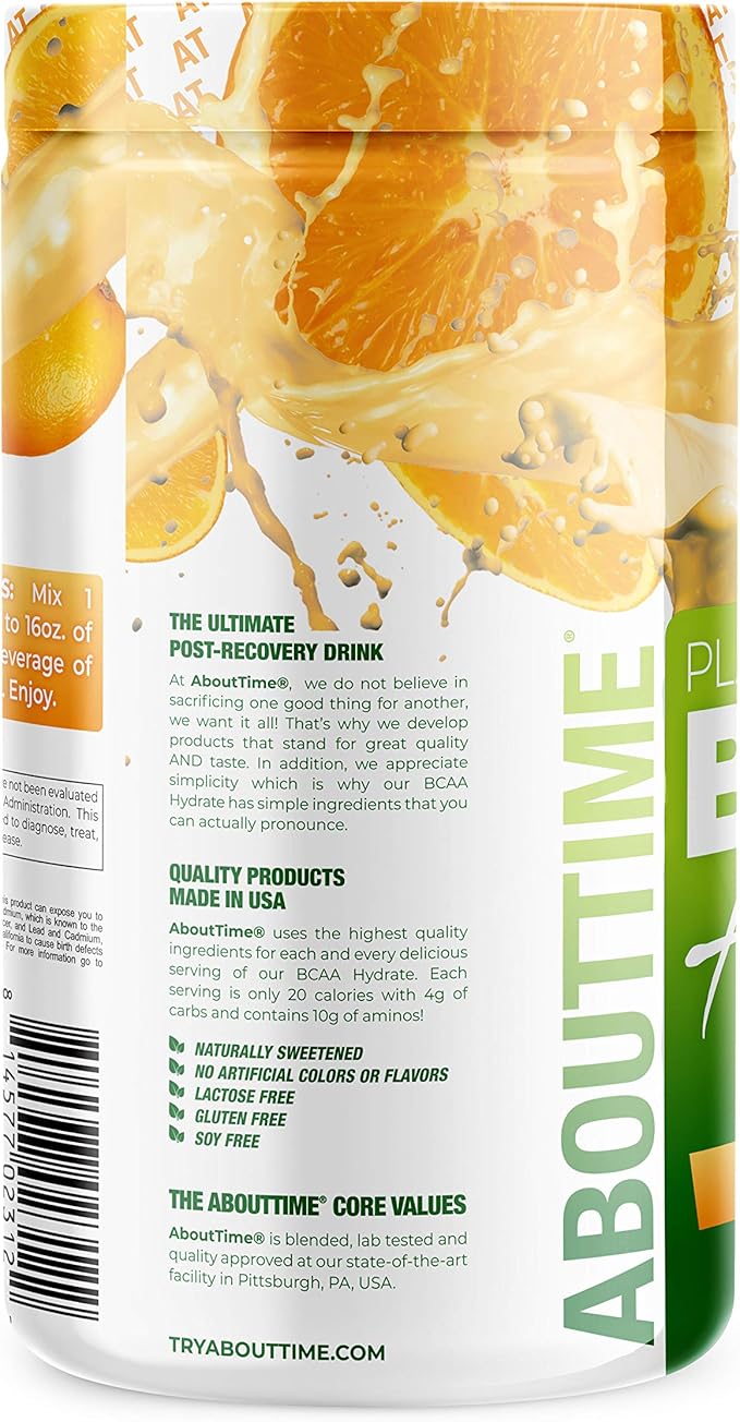 About Time Plant Based BCAA Hydrate Clear with L-Glutamine & Electrolytes (Non-GMO, Gluten Free, Monk Fruit) - Orange Cream, 20 Servings