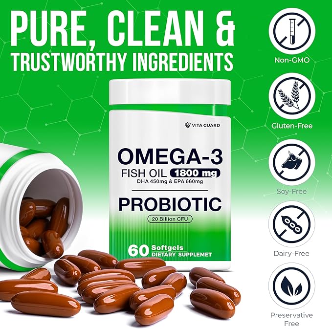 Omega-3 Fish Oil with Probiotics – 1800mg EPA & DHA for Heart, Brain & Gut Support – 20 Billion CFU, Inulin Fiber, Lemon-Flavored Burpless Softgels