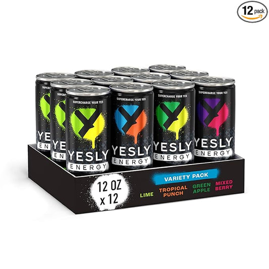 Yesly Energy Drink, Variety Pack, Naturally Flavored Sparkling Energy Water With Electrolytes, Magnesium, Potassium, Vitamin C, B6 & B12, Natural Caffeine From Green Tea, 12 Fl Oz Cans, 12 Pack