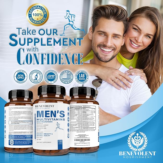 Benevolent Nourishment Multivitamin for Men - Supports Energy & Overall Health - Essential Daily Vitamins for Men, Biotin, Magnesium, Zinc & Antioxidant for Immune Health - Non-GMO,120 Caps