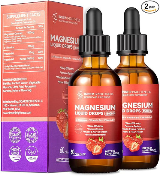 Magnesium Glycinate Liquid Drops 1500mg with Magnesium Citrate & Taurate, L-Theanine, Vitamin D3, B6 - Supports Calm, Sleep, Muscle Relaxation, Leg Cramps & Energy, Strawberry Flavor, 60mL 2 Pack