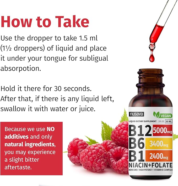 (4 Pack) Vitamin B12 and B6 Liquid Drops, B12 Sublingual Vitamin B Complex - B 12 Vitamin 5000mcg - B12 Methylcobalamin for Energy, Brain, and Heart Support with 27,200 mcg, Raspberry, 80 Servings