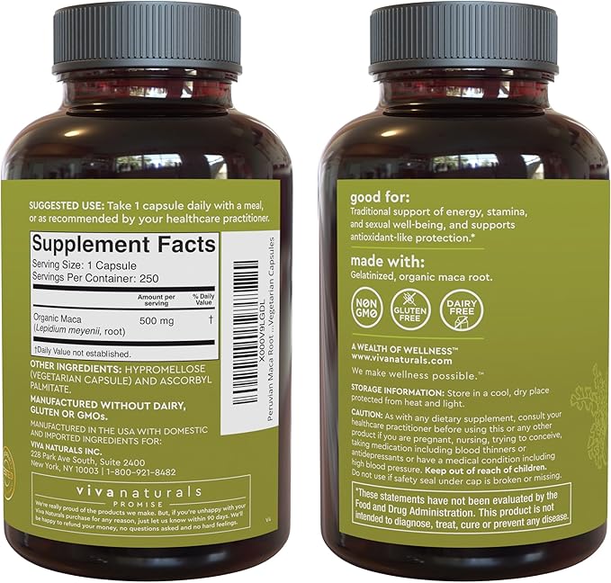 Peruvian Maca Root Supplement for Women & Men, 500mg - Traditionally Used to Support Sexual Well-Being, Stamina & Endurance - 250 Yellow Maca Root Powder Capsules