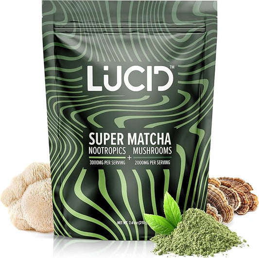 Lucid Superfood Organic Mushroom Matcha with Nootropics - Lion's Mane, Tremella, Cordyceps & Turkey Tail - Instant Mushroom Matcha Focus Brain Health - Alpha GPC, L-Theanine, Ginko Biloba - USA Made