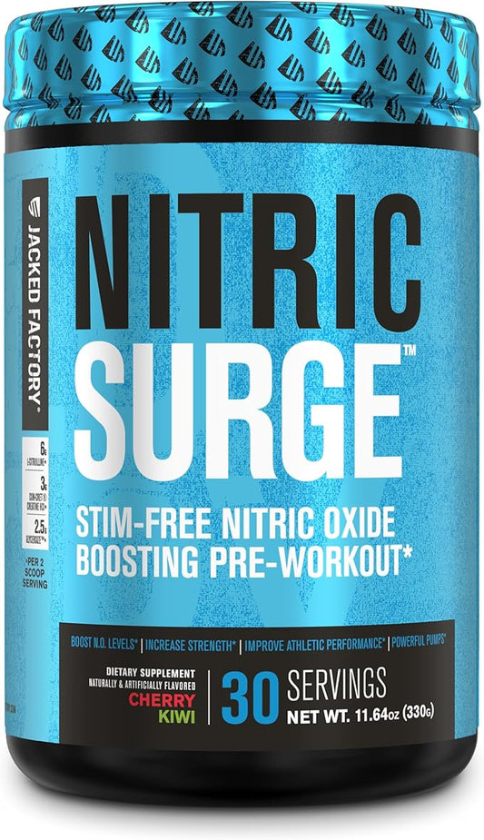 Jacked Factory Nitric Surge Stim Free Pre Workout Powder - Caffeine-Free Nitric Oxide Supplement w/Con-Cret Creatine, L Citrulline, & GlycerSize Glycerol - Cherry Kiwi, 30 Servings