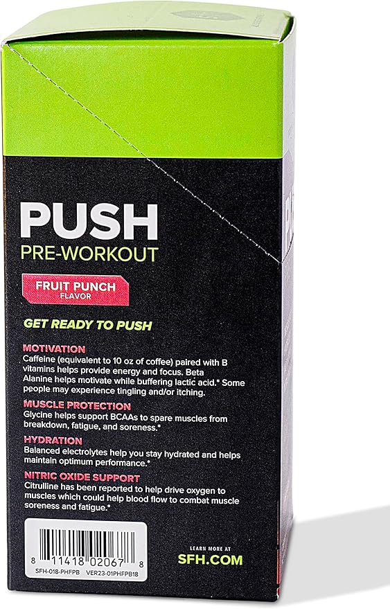 SFH Push Pre-Workout Powder (Fruit Punch) Best Tasting 5g BCAA's for Muscle Repair | Non-Dairy, No Artificial Flavors, Colors, or Sweeteners (Pack of 10 Single Serves)