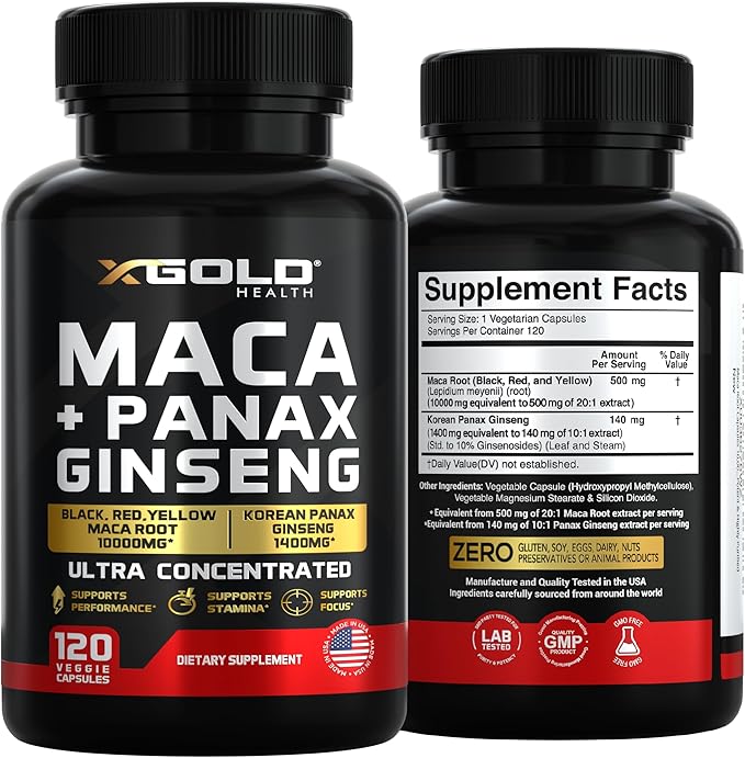 Maca Root Capsules 10,000mg + Korean Panax Ginseng 1,400mg - 20x Concentrated Extract Black + Red + Yellow Maca Root, 10x Concentrated Extract Panax Ginseng Capsules - Ultra Potent & Highly Purified