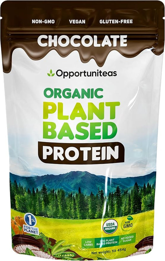 Opportuniteas Organic Plant Based Protein Powder, 20g Pea, Pumpkin, Rice Vegan Organic Protein Powder Without Sugar, Creamy Chocolate, 1 Lb