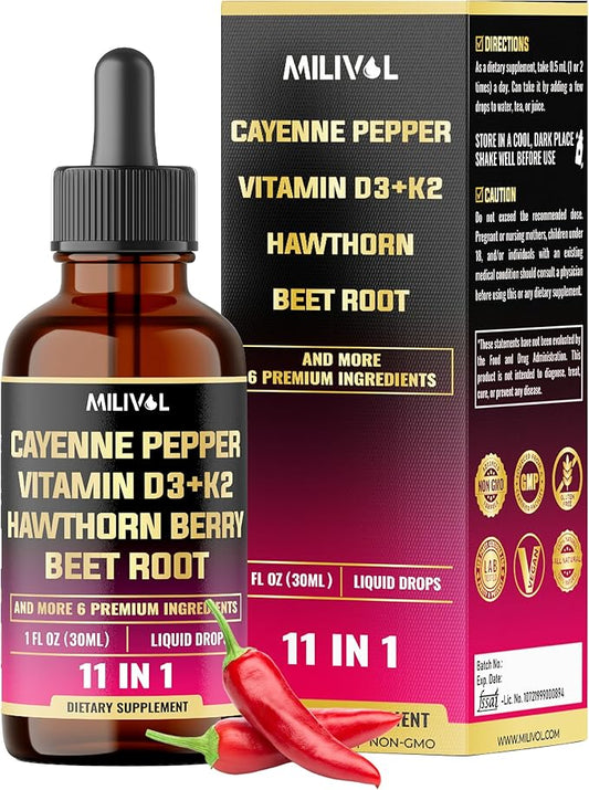 11in1 Cayenne Pepper Liquid Drops with Hawthorn Berry, Vitamin D3, K2, Berberine, Bitter Melon, Turmeric & More – for Heart & Immune Support – 1 FL Oz – 60 Days Supply