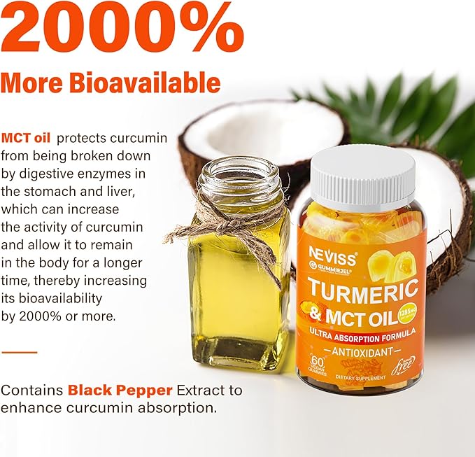 Turmeric Gummies 1000mg w/MCT Oil C8 C10, Organic Antioxidant, Sugar Free Turmeric Curcumin Supplement + Black Pepper Extract Support Flexible & Comfort, Digestion, Energy, Ultra Absorption, 60 Counts