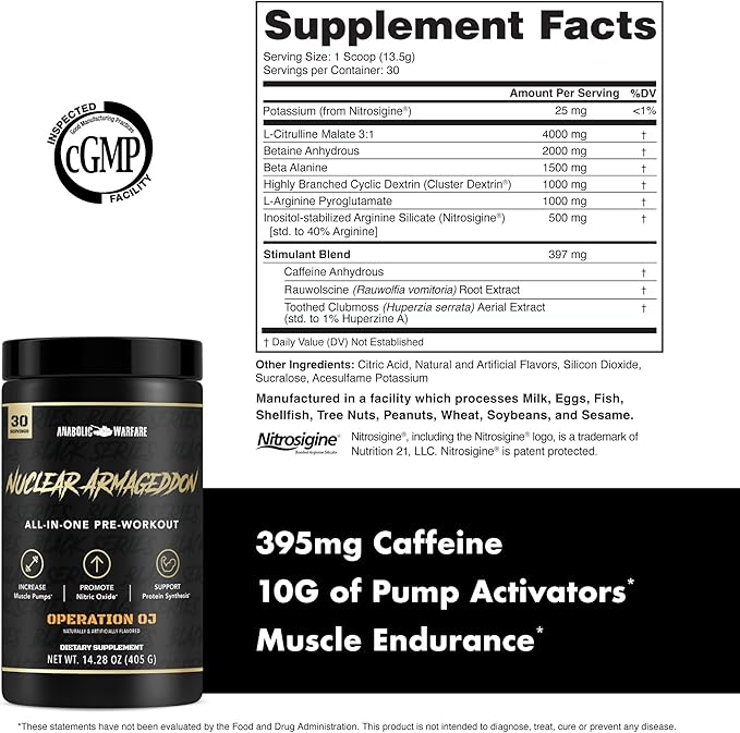 Anabolic Warfare Nuclear Armageddon Pre Workout Powder Pre-Workout for Men & Women with L-Citrulline, Beta Alanine Powder and Caffeine (Orange Juice - 30 Servings)