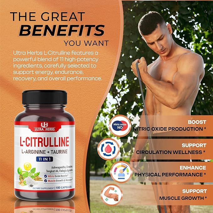 L-Citrulline Supplement Capsules Enriched with L-Arginine, Taurine, Creatine, Tongkat Ali, Fadogia Agrestis | Ultra Nitric Oxide Booster for Muscle Endurance, Stamina & Recovery | 180 Capsules
