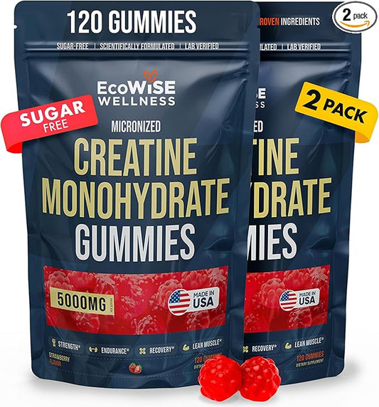 2 Pack Creatine Monohydrate Gummies 5000 mg, Fresh Strawberry Flavor, 120 Sugar-Free Vegan Chews, Creatine Supplement for Daily Routine