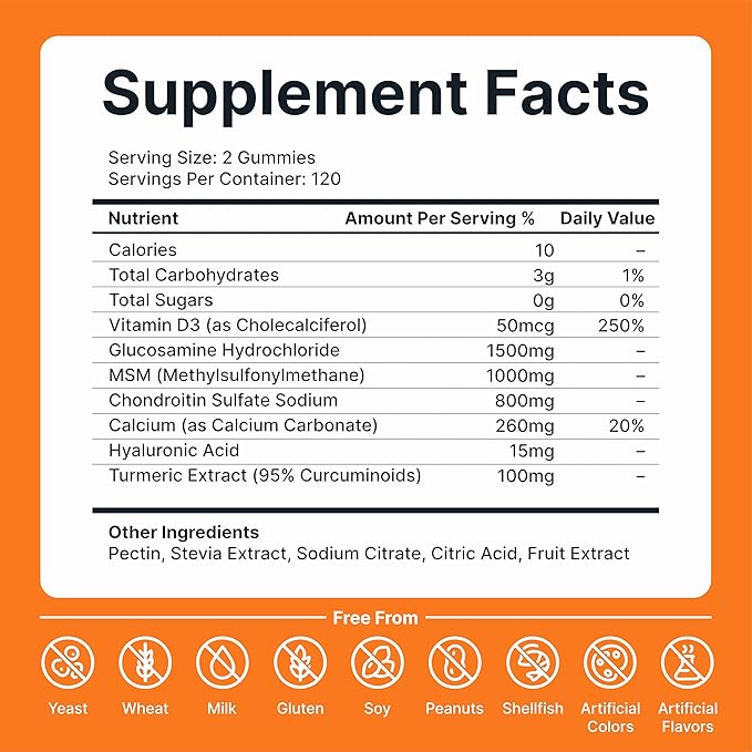 Glucosamine Chondroitin Gummies for Joint Support – 120 Glucosamine Gummies Extra Strength 3000mg with MSM, Turmeric, Calcium, Vitamin D3 – Sugar Free Vegan Adults Supplement – Flexibility & Mobility