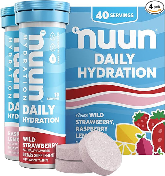Nuun Daily Electrolyte Tablets with Magnesium, Calcium, Potassium, Chloride & Sodium, Gluten Free, Sugar Free, & Vegan, Mixed Berry Flavor, 4 Pack (40 Servings Total)