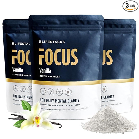 LIFESTACKS Vanilla MCT Oil 3-Pack - Boost Energy & Clarity - MCT Powder + Nootropics + Adaptogens for an Elevated Coffee Experience - Keto, Vegan, 0 Sugar - with Taurine, L-Tyrosine, Rhodiola & More