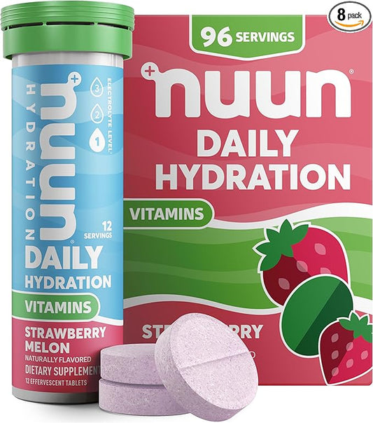 Nuun Vitamins Electrolyte Tablets with Vitamin D, C, E, A, & B6, Folic Acid, Magnesium & 4 Other Essential Electrolytes, Gluten Free & Vegan, Strawberry Melon, 8 Pack (96 Servings Total)