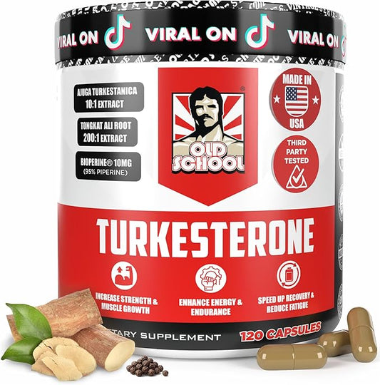 Old School Labs Turkesterone Supplement for Men 15,000mg [Max Potency] + BioPerine® for High Absorption - Tongkat Ali for Men - Increase Muscle Growth & Recovery, Drive & Stamina - USA Made - 120 Caps