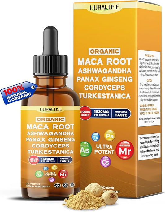 Organic Maca Root, Ashwagandha, Panax Ginseng, Cordyceps, Turkestanica Liquid Drops – 1520mg per Serving, Ultra Potent, USA Made & Lab Tested – 2 FL OZ (60ml)