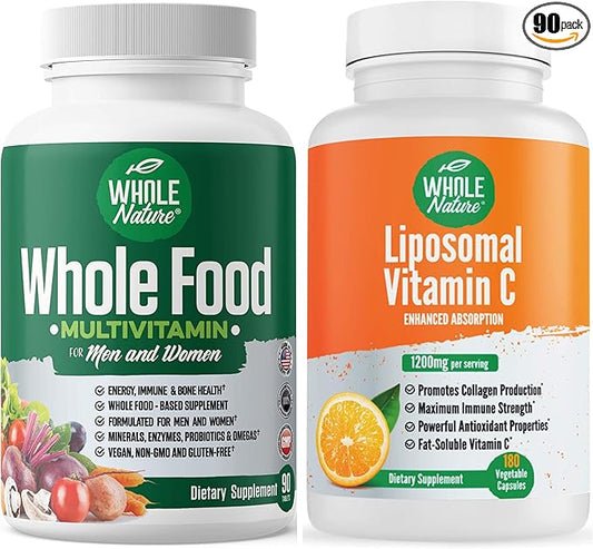 Whole Food Multivitamin for Men and Women Plus Liposomal Vitamin C High Absorption Vegan Capsules