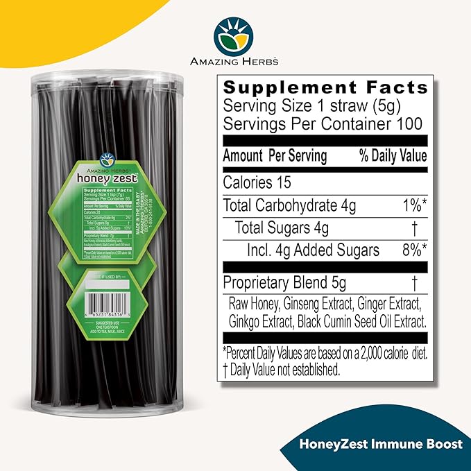 Amazing Herbs Raw Natural Honey - Herbal Honey Infused with Echinacea, Elderberry, Garlic, Eucalyptus Extracts & Pure Black Seed Oil, Non GMO, Gluten Free - Honeyzest Immune Boost Straws, 100 Count