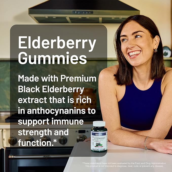 NatureWise Sambucus Elderberry Gummies - Immune Support Supplement for Kids Ages 4+ & Adults with Vitamin C, D3, Zinc - Elderberries Equivalent to 3520mg - Vegan, Non-GMO - 60 Count[30-Day Supply]