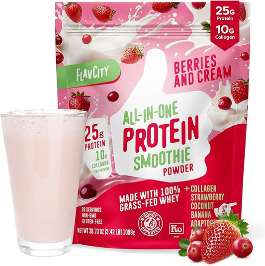 FlavCity Protein Powder Smoothie, Berries & Cream - 100% Grass-Fed Whey with Collagen (25g of Protein) - Gluten Free & No Added Sugars (38.73 oz)