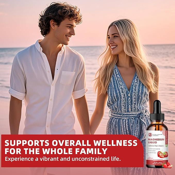 Magnesium Glycinate Liquid Drops, Magnesium Liquid Supplement with Cellulose Fiber, Bromelain, Vitamin C, D, B6, Zinc for Night, Muscle & Energy Support, Strawberry Flavor, 1 Fl Oz (Pack of 2)
