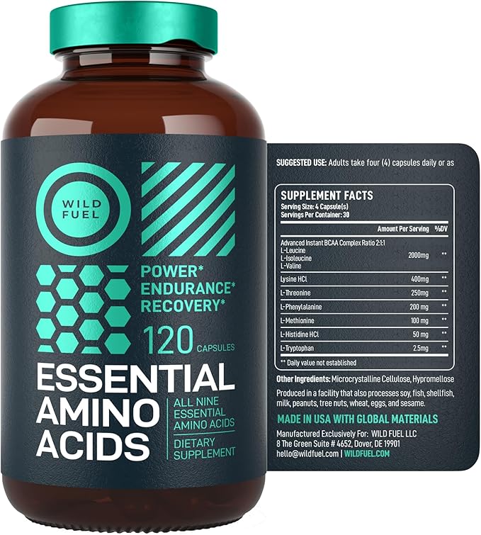 Essential Amino Acids Supplement – 3,000mg Leucine, Lysine, Isoleucine, Tryptophan Complete Complex - All 9 Best Amino Acids for Muscle Growth, Power, Recovery - 120 Vegan, Keto-Friendly BCAA Capsules