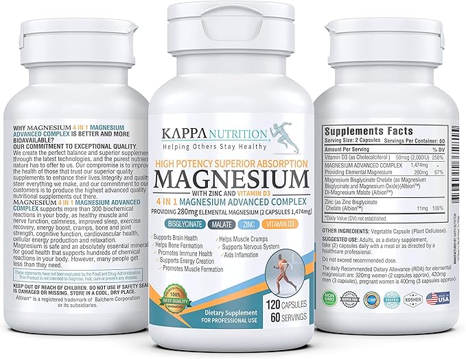 (120 Capsules), Glycinate, Bisglycinate, Malate, Zinc, Vitamin D3 for Brain, Sleep, Cramps, Headaches, Energy, Bones, Immune, Providing 280mg Elemental Magnesium, from KAPPA NUTRITION