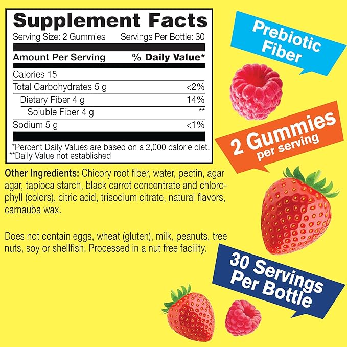 Sugar Free Fiber Gummies for Adults (4g)| Digestive Supprt |Prebiotic Fiber Supplement | 60 Count