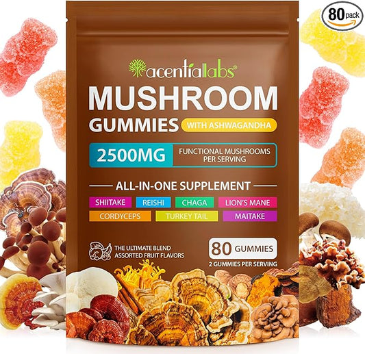 Ashwagandha Gummies with Super Mushroom Blend – Mushroom Gummies with Lion’s Mane, Reishi, Turkey Tail, Cordyceps, KSM 66, Shiitake – Immune Support, Focus, Vegan, Low Carb, Berry Flavor, 80 Ct