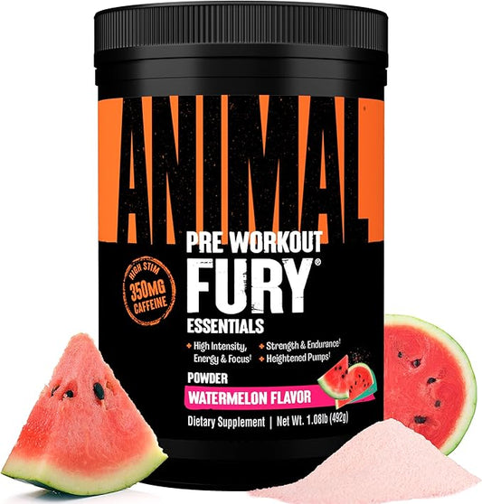 Animal Fury Pre Workout Powder Supplement for Energy and Focus 5g BCAA 350mg Caffeine Nitric Oxide Without Creatine Powerful Stimulant for Bodybuilders, Watermelon
