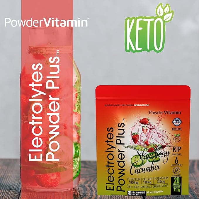 Electrolytes Powder Plus (20 Servings) Strawberry Cucumber Electrolyte Powder Zero Calorie Keto,0Sugar,No Maltodextrin,1000mg Potassium,120mg Calcium,120mg Magnesium, Pink Himalayan Salt