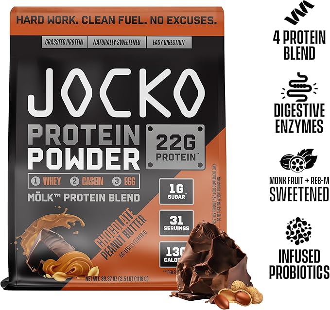 Jocko Fuel Mölk Whey Protein Powder 22g Low Sugar Monk Fruit Blend - Muscle Recovery & Growth, Packaging May Vary (31 Servings, Chocolate Peanut Butter)