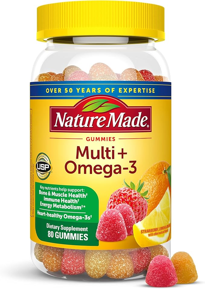 Nature Made Multivitamin + Omega-3, Dietary Supplement for Daily Nutritional Support, 80 Gummy Vitamins and Minerals, 40 Day Supply