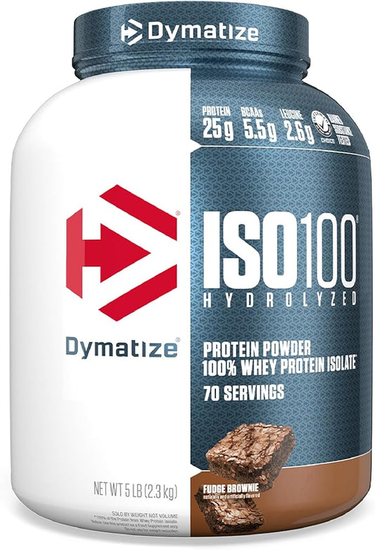 Dymatize ISO100 Whey Protein Powder Isolate, Fudge Brownie, 25g of Protein, 5 Pound, 5.5g BCAAs, Less Than 120 Cal., Gluten Free, 1g Fat, 1g Sugar, 2g Carb
