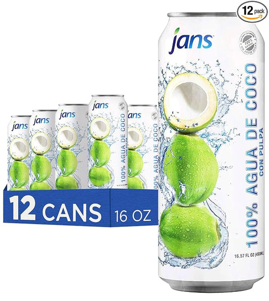 Coconut Water with Pulp, Coconut Water Bulk Pack16.5 Ounce (Pack of 12) by Jans | 100% Pure & NO Sugar Added, Non-GMO, Not From Concentrate | Refreshing Taste of the Tropics, Agua de Coco