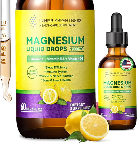 Magnesium Glycinate Liquid Drops 1500mg with Magnesium Citrate & Taurate, L-Theanine, Vitamin D3, B6 - Supports Calm, Sleep, Muscle Relaxation, Leg Cramps & Energy, Lemon Flavor, 60 mL