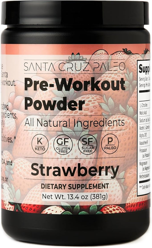 Santa Cruz Paleo Natural Pre Workout Powder, Strawberry, Keto Preworkout with Electrolytes Magnesium, Potassium, L-Citrulline, Caffeine Free, Sugar Free Drink Mix for Energy & Hydration, 30 Servings