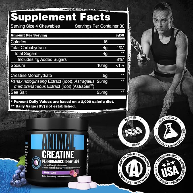 Animal Creatine Chews Tablets - Enhanced Creatine Monohydrate with AstraGin to Improve Absorption, Sea Salt for Added Pumps, Delicious and Convenient Chewable Tablets - Grape
