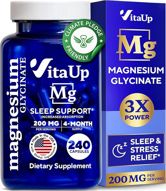 Magnesium Glycinate 200mg - USA Made Magnesium Supplement for Sleep, Heart, Bones, Metabolism Support - High Absorption Magnesium Bisglycinate Capsules - 240 Vegan Chelated Capsules
