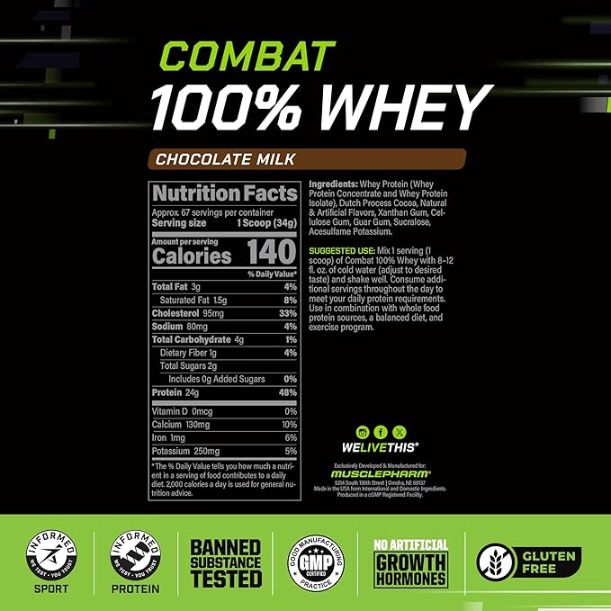 MusclePharm Combat 100% Whey Protein Powder, Chocolate Milk, Fast Recovery & Muscle Gain with Whey Protein Isolate, High Protein Powder for Women & Men, Gluten Free, 5 Lb, 70 Servings
