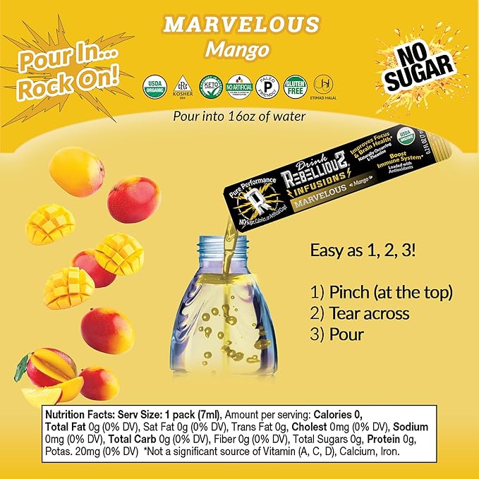 Marvelous Mango Organic Energy Drink Mix – 0 Calories, Sugar Free, Loaded with Antioxidants, L-Theanine, and Natural Caffeine – 10 Count