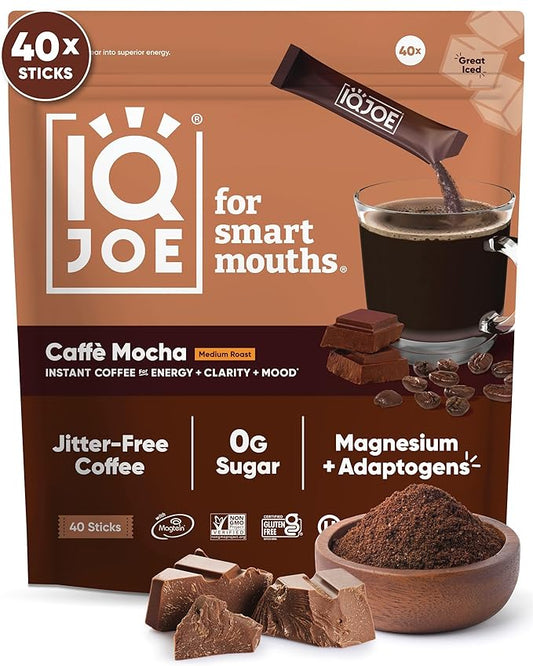 IQJOE Mushroom Coffee Packets (40 Servings) Lion’s Mane, Magtein Magnesium, Antioxidants, Adaptogens - Caffe Mocha - Instant Coffee for Focus, Clarity, Mood, Energy Boost - Sugar Free, Keto, Vegan