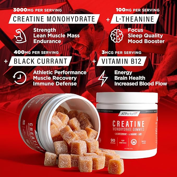 ATPerform Sugar-Free Creatine Monohydrate Gummies with Black Currant Extract, Vitamin B12 & L-Theanine for Pre-Workout, Post-Workout Recovery, Focus, Strength & Energy | Tropical, 90ct