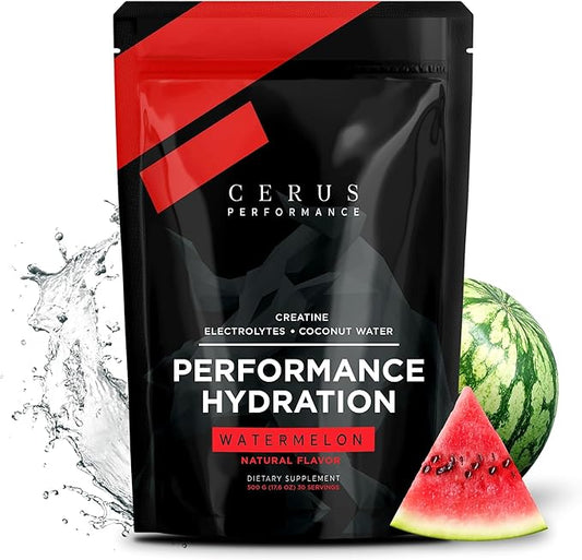 Cerus Performance - Performance Hydration Electrolyte Powder – Watermelon Flavor, 5g Creatine Monohydrate, 500mg Coconut Water Powder – Supports Endurance, Muscle Recovery & Keto 30 Servings