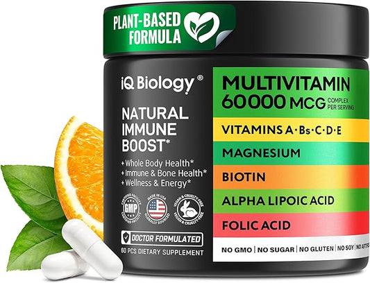 Daily Multivitamin for Energy & Immune Support - Zinc, Vitamins A B6 B12 C D E, Biotin, Lutein, Folate, Folic Acid, Selenium, Copper, Calcium 25mg - Multimineral Supplement for Women Men, 60 Capsules